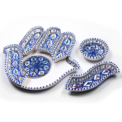 Large Blue Hamsa 7 Piece Hand of Fatima, Handmade Dipping and Serving Set-image
