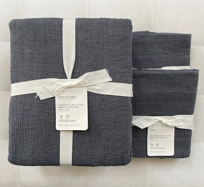 Pottery Barn EUROPEAN FLAX LINEN WAFFLE King Duvet & 2 King Shams Steel Blue NWT-image