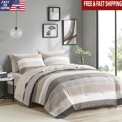 King Comforter Set Bed in A Bag Soft Microfiber Stripes Modern All Seasons New-image