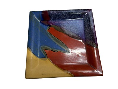 Vintage Studio Art Pottery Multicolor Square Platter Plate 10.5