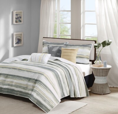 NEW King Madison Park Marina Yellow Gray 6 Pc Coverlet Set Shams 3 Throw Pillows-image