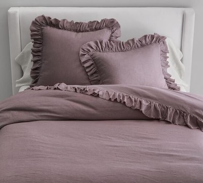 Pottery Barn Belgian Flax Linen Fringe Ruffle Duvet Cover Twin Lavender NEW-image