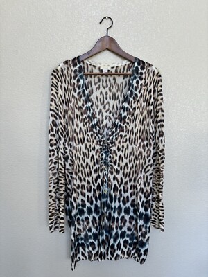 Chico's Animal Print Knit long sleeve tunic cardigan dip dye leopard travel 4/XL-image