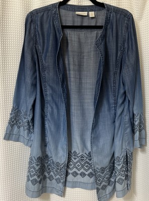 CHICO'S Jacket 2 Large Dip Dye Chambray embroidered Cover Up Duster 3/4 sleeves-image