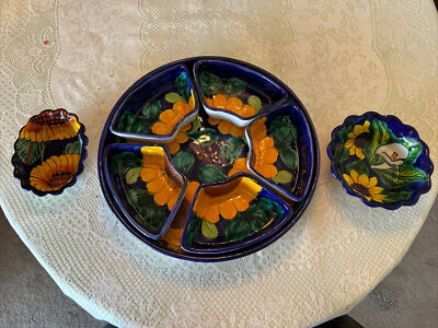 Talavera ceramic Mexican pottery Chip Dip Platter 8 Piece Handcrafted-image