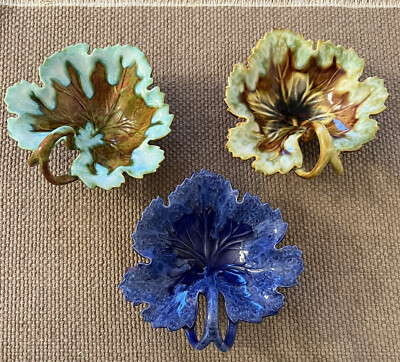 3 Vintage Leaf Shaped Dishes Autumn Decor Double Loop Handles Pottery Studio-image