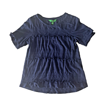 Dip Women's Size L Shirt Blouse Navy Blue Boho Fringe Maximalist 100% Cotton-image