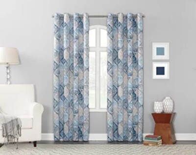 Global Medallion Blue White Energy Efficient Grommet Curtain Panel 54