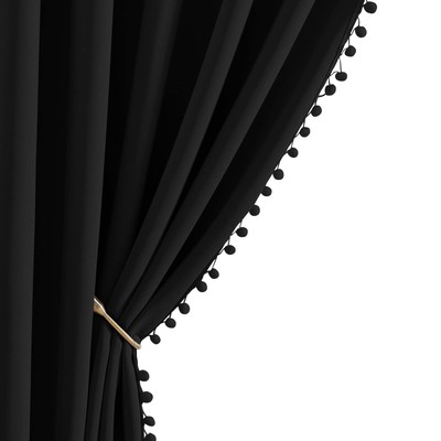 Black Blackout Pom-poms Curtain Drapes, Rod Pocket Thermal Insulated Bohemian...-image