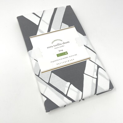 NWT POTTERY BARN CERA TRELLIS Gray White Cotton Bamboo Print King Pillow Sham-image