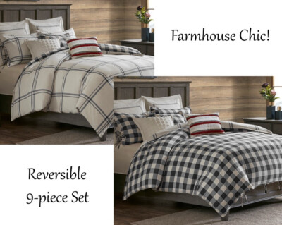 WILLOW GRAY PLAID 9pc King DUVET COMFORTER : FARMHOUSE COTTON GREY CHECKS-image