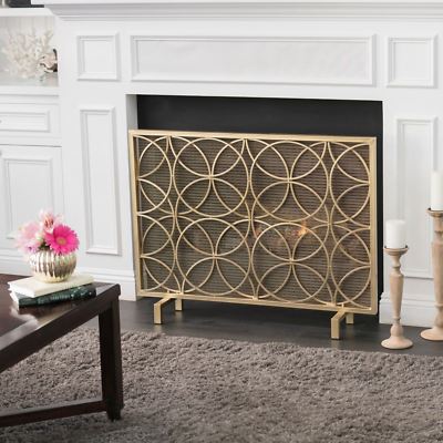 Veritas Modern Glam Single Panel Iron Fireplace Screen with Circle Pattern-image