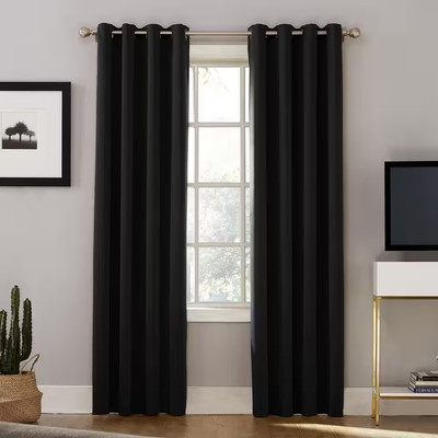 Black Woven Solid 52 In. W X 84 In. L Noise Cancelling Grommet Blackout Curtain-image