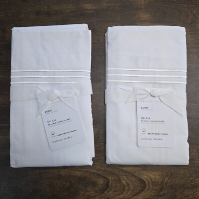 POTTERY BARN GRAND ORGANIC PERCALE EMBROIDERED SHAM SET OF 2, EURO ~ WHITE-image