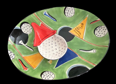 Golf platter chip n dip tray large hand painted Clay Art Tee Off 17.5” X 14”-image