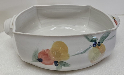 Studio Art Pottery Peach Blossoms Blue Berry Floral Serving Bowl Signed Sibylle-image