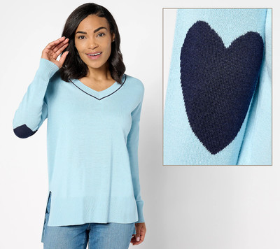 Studio Park x Amy Stran Galentines V-Neck Heart Sleeve Sweater Cool Blue L New-image