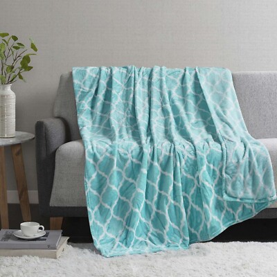 Madison Park Plush Throw Blanket Teal White Fleece NWT 70 x 60-image