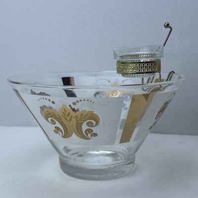 Vintage Large Glass Fleur De Lis Serving Bowl White Gold Dip Holder As Is Read-image