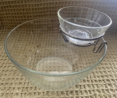 Vintage Large Heavy Glass Tiered Chip & Dip Bowl w/Metal Rim Holder, 3 Pc.-image