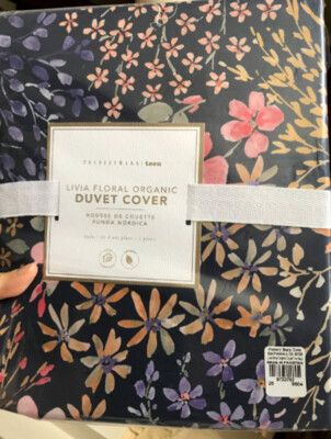 Pottery Barn Livia Floral Duvet Cover Blue Pink Twin Cotton Flower Teen 🦩-image