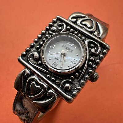 STUDIO TIME Silver Tone Studded Cuff Ladies Watch Large Dial and Cuff New Batt-image