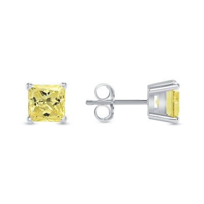 2.75 Ct Princess Canary Earrings Studs Solid 14K White Gold Push Back Basket-image