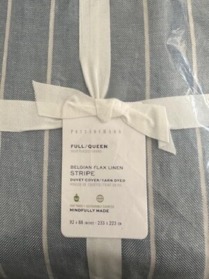 Pottery Barn BELGIAN FLAX LINEN STRIPE Duvet+2 Shams Full/Queen Chambray BlueNEW-image