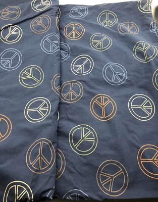 Navy Blue Pottery Barn PB Teen Peace Signs Queen Flat Sheet All Cotton Rare-image