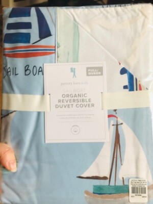 Pottery Barn Nautical Sailboat Duvet Cover Deep Light Blue Queen Reversible Kids-image