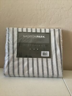 Madison Park Essentials Twin Duvet Cover Set Gray White Stripped-image