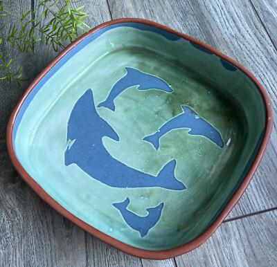 Studio Art SlipWay Pottery Turquoise Dolphins Blue Square Bowl Decor Glazed-image