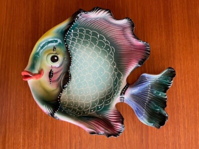 FISH PORCELAIN PLATTER Vntg. Studio Pottery SIGNED RENA CHARLES Decor or Serving-image