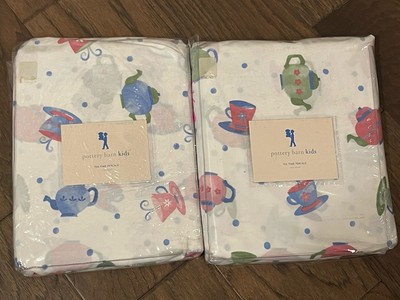 New Vintage Pottery Barn Kids Tea Time Percale Cotton TWIN x 2 Duvet Covers Set-image
