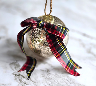 4 Pottery Barn Vintage Christmas Mercury Plaid  Bow Ornaments~  BRAND NEW-image