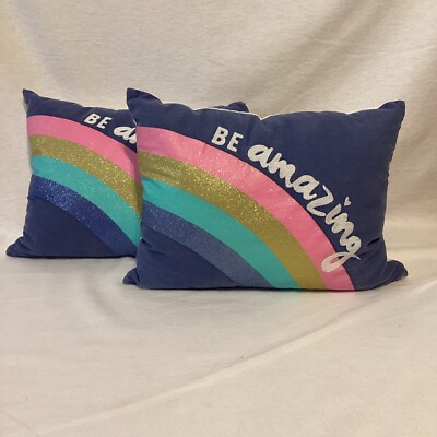 Pottery Barn Teen “Be Amazing” Blue Pillow 12”x16” Glittery Rainbow Girl’s Room -image