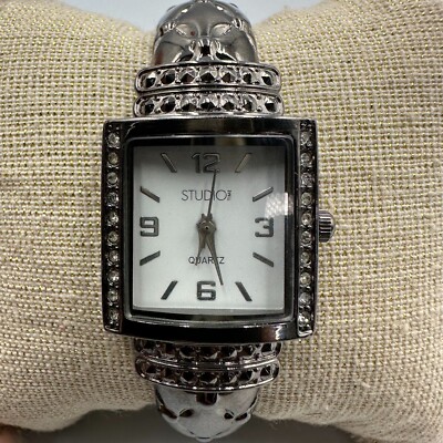 Studio Time Watch Women Metallic Black White Dial Cuff Band New Battery 6.75