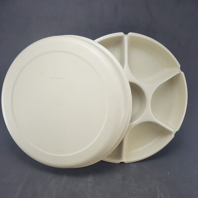 Vintage Almond Tupperware Vegetable Dip Snack Serving Tray with Lid 1665-2-image