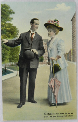 Man Points the Way, Madison Park to Young Pretty Woman - Vintage Postcard-image