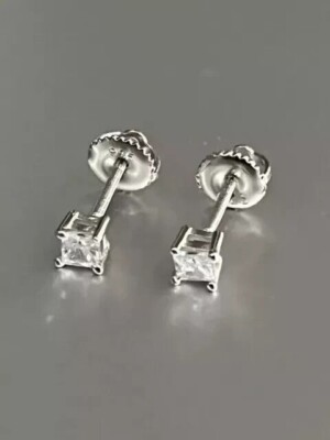 Princess Cut Simulated Diamond Stud Earrings 14k White Gold Plated Silvve 0.50Ct-image