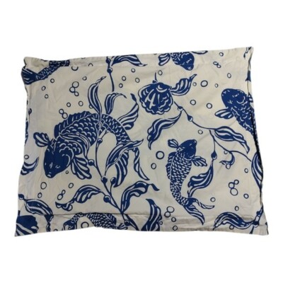 ONE Pottery Barn White Blue Koi Fish Cotton Standard Pillowcase Sham-image