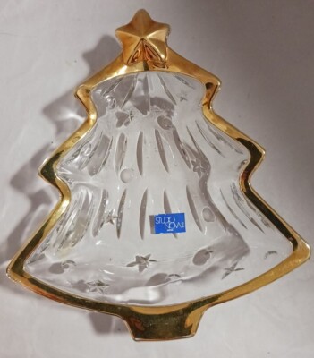 Christmas Tree Candy Dish Studio Nova Glass Clear Gold Trim Shaped Japan 6