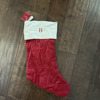 NWT Pottery Barn Classic Medium Red Ivory Velvet Christmas Stocking Mono B-image