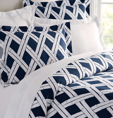 Pattery Barn Cera Trellis Bed Duvet Geometric Modern Cotton King Navy White -image