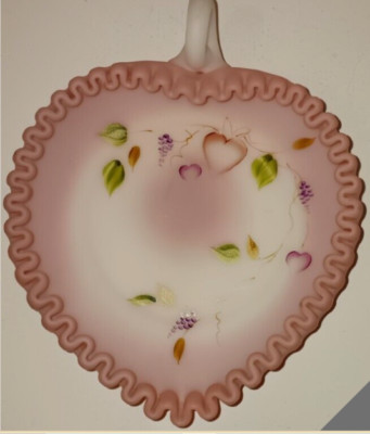 Fenton Pink Rosalene Satin Heart Shaped Nappy Dish ALS Tribute Family Signature-image