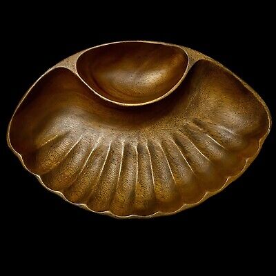 Chip & Dip  Bowl Large Monkey Pod Wood Dish Clam Shell Shaped Made Philippines ￼-image