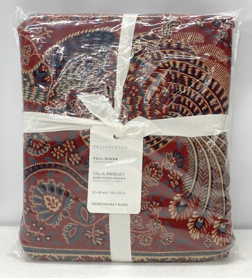 NEW Pottery Barn Talia Paisley Percale FULL/QUEEN Duvet Cover~Red Multi-image