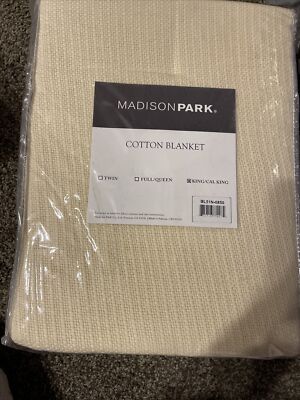 MADISON PARK Freshspun Basketweave Cotton Bed Blanket  KING Ivory New-image