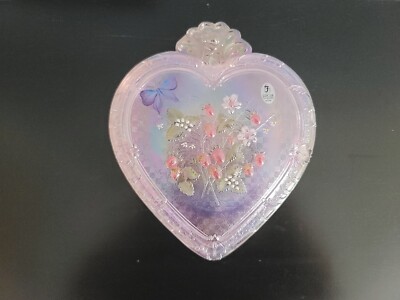 Fenton Hand Painted Signed Pink Iridescent Heart Shaped Glass Box with Berries-image