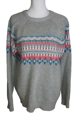 Fair Isle Knit Wool Alpaca Blend Crewneck Sweater Size XL Gray Pink Blue Preppy -image